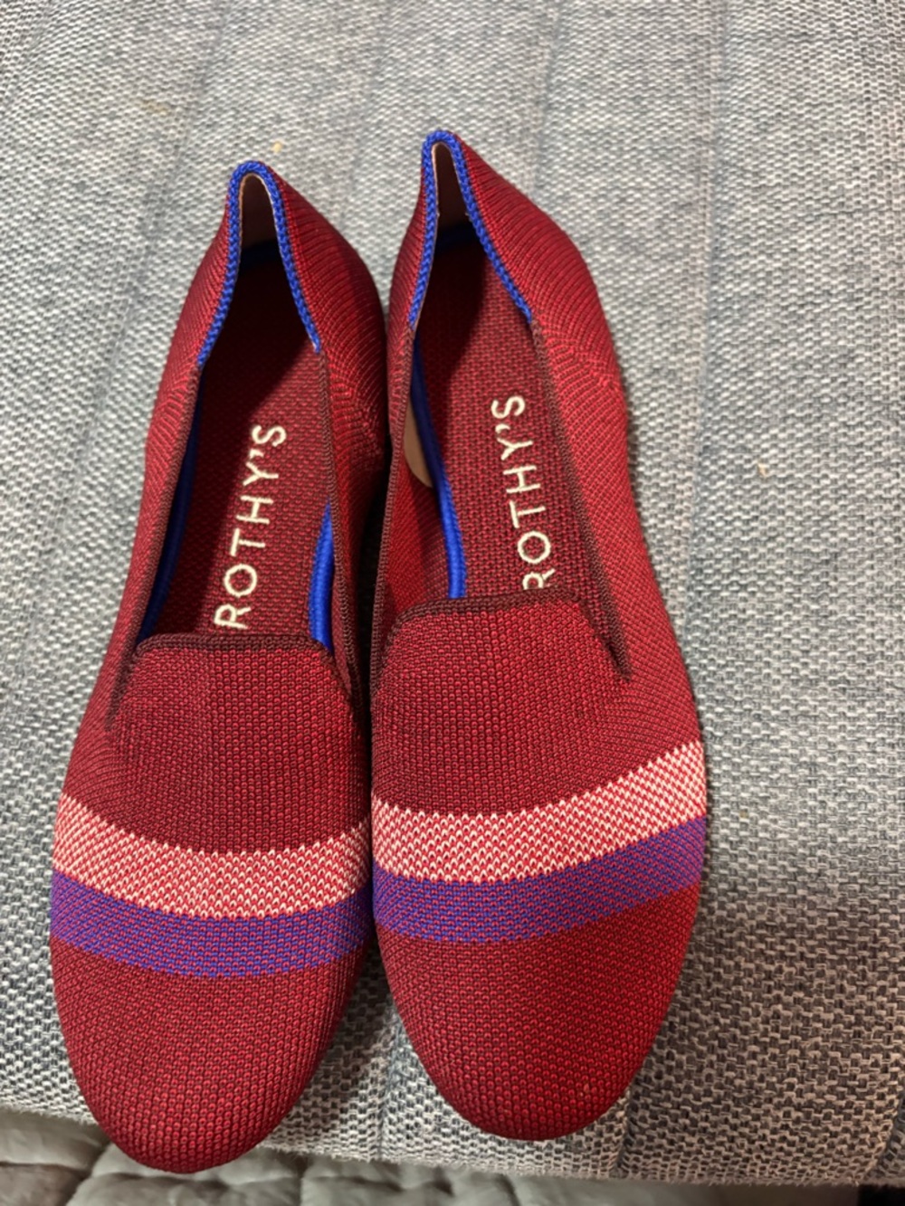 Rothy's Burgundy Knit Slip-Ons with Pink & Purple Stripe Accents